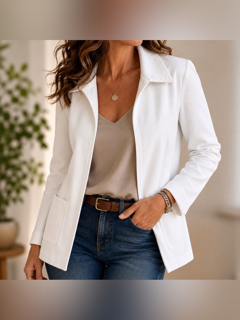 Custom Handmade White Textured Open Front Blazer Jacket